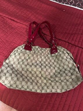 Neutral Logo-Pattern Tote with Red Patent Handles